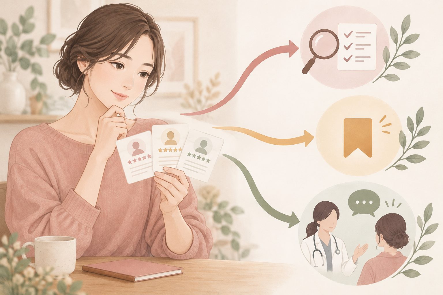 口コミを読んだ後に検討継続・保留・相談を選ぶ女性のイメージ