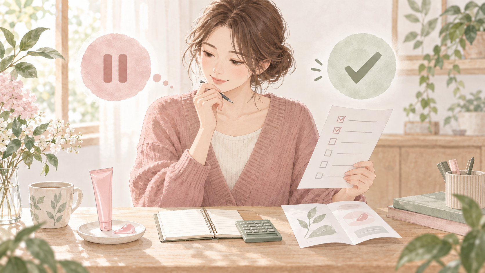 購入を進める条件と保留する条件を落ち着いて確認する女性のイメージ