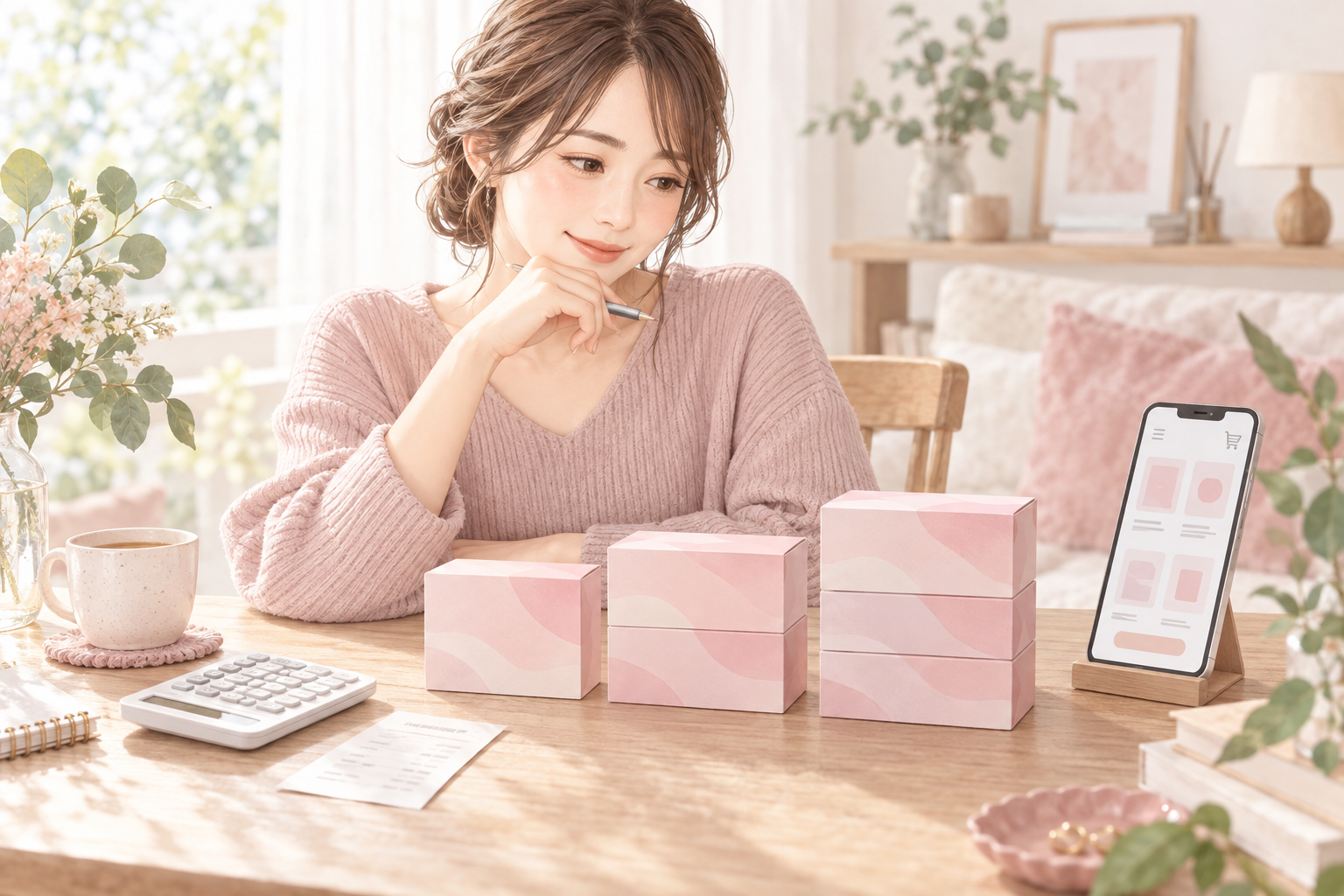 箱数と購入先を落ち着いて比較する女性のイメージ
