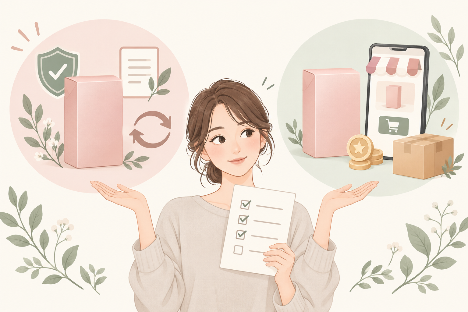公式サイトの保証制度とECモールのポイントを比べる女性のイメージ