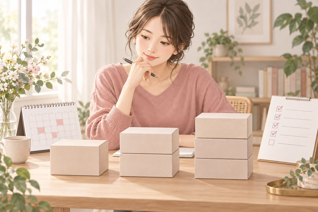 予定使用回数から必要な箱数を考える女性