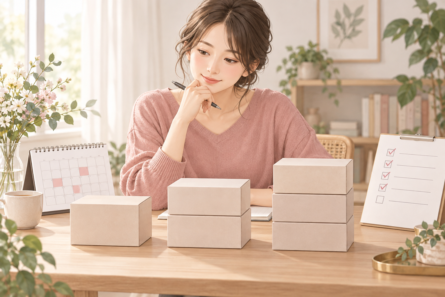 予定使用回数から必要な箱数を考える女性