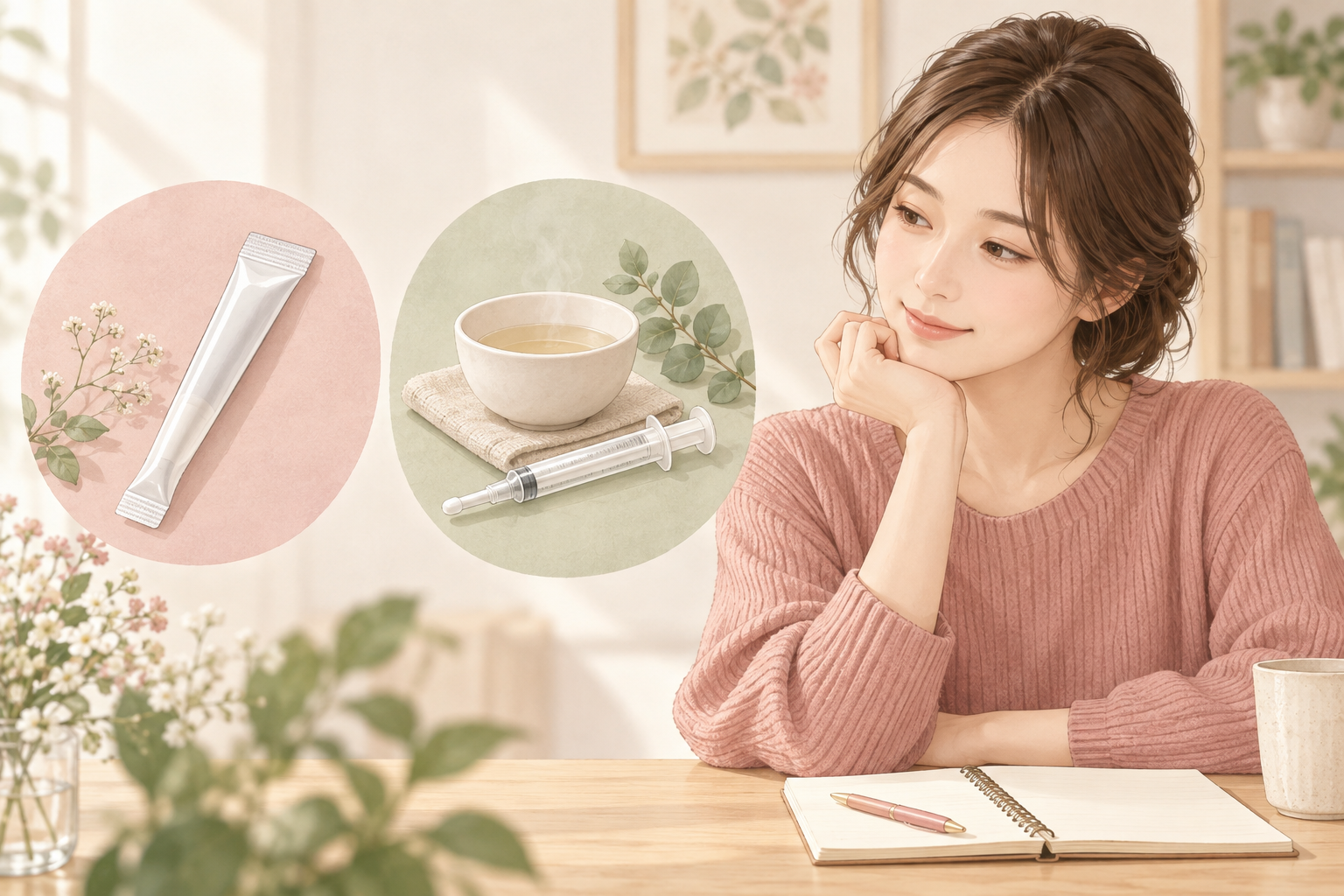 使い切り型と取り分け型のピンクゼリーを見分ける女性