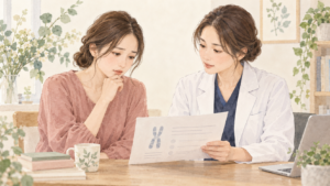 ピンクゼリーとダウン症について医療者に相談する女性のイメージ